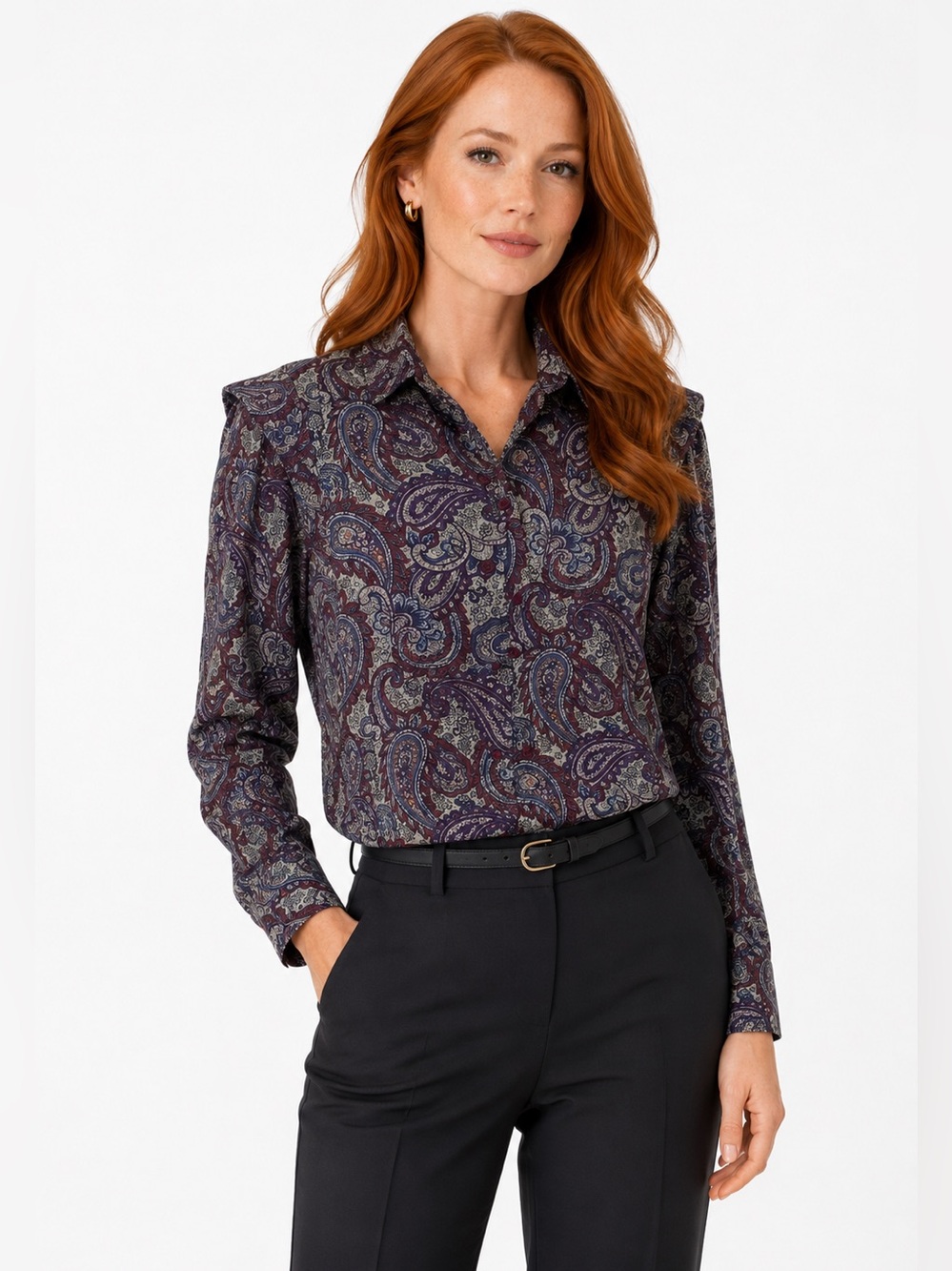 Vintage 90s Paisley Blouse Button Front Shoulder Pad Top Burgundy Purple XL
